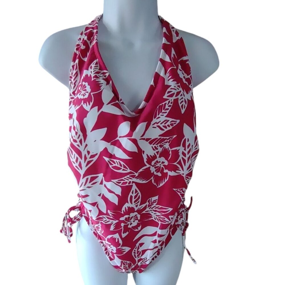 Kona Sol Pink Floral Side Cinch Racerback One Piece Swimsuit Size XL 16-18 NWT